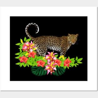 Tropical Jaguar Cat Floral theme Posters and Art